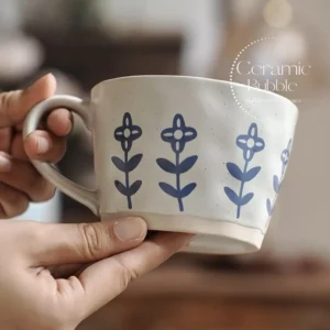 Handmade White Ceramic Mug Minimalist Blue Floral Painted Coffee Cup