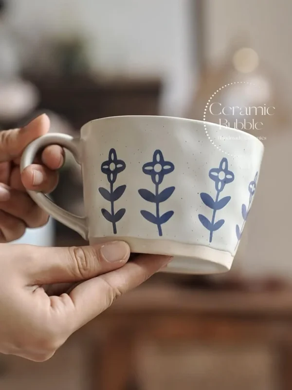Handmade White Ceramic Mug Minimalist Blue Floral Painted Coffee Cup