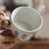 Handmade White Ceramic Mug Minimalist Blue Floral Painted Coffee Cup