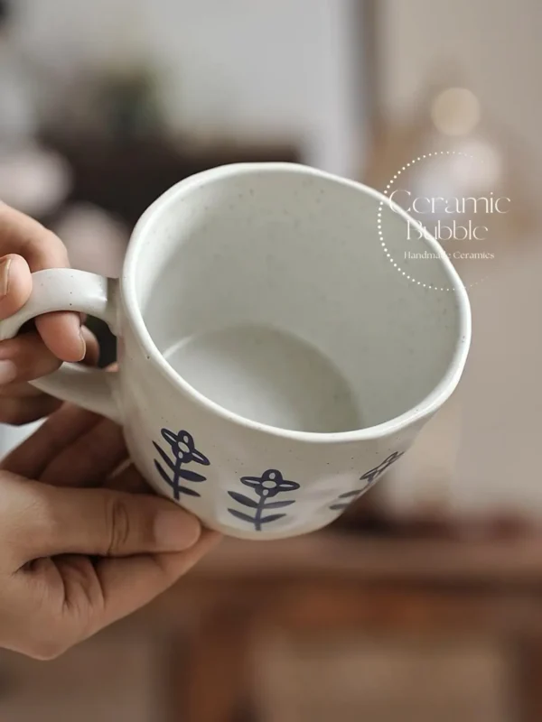 Handmade White Ceramic Mug Minimalist Blue Floral Painted Coffee Cup