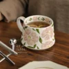 Handmade Pink Floral Painted Coffee Cup White Ceramic Mug Romantic Gift for Her