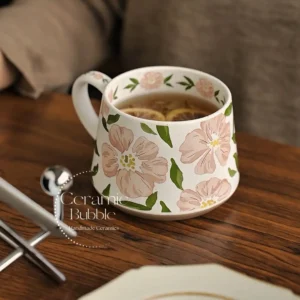 Handmade Pink Floral Painted Coffee Cup White Ceramic Mug Romantic Gift for Her