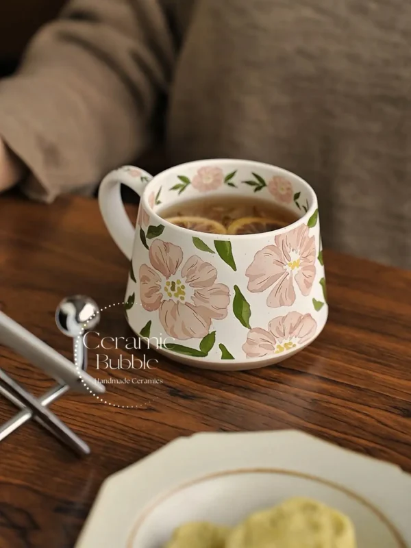 Handmade Pink Floral Painted Coffee Cup White Ceramic Mug Romantic Gift for Her