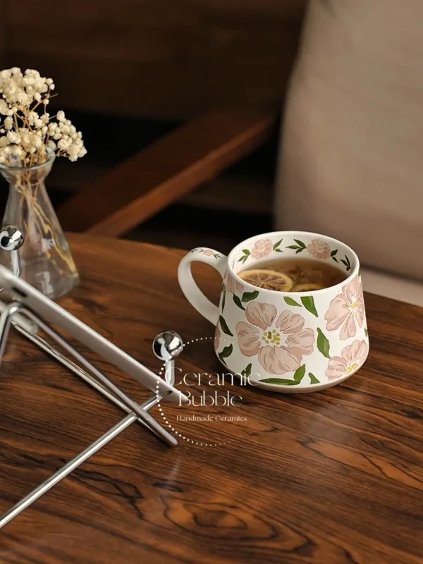 Handmade Pink Floral Painted Coffee Cup White Ceramic Mug Romantic Gift for Her