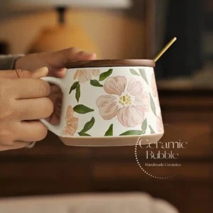 Handmade Pink Floral Painted Coffee Cup White Ceramic Mug Romantic Gift for Her