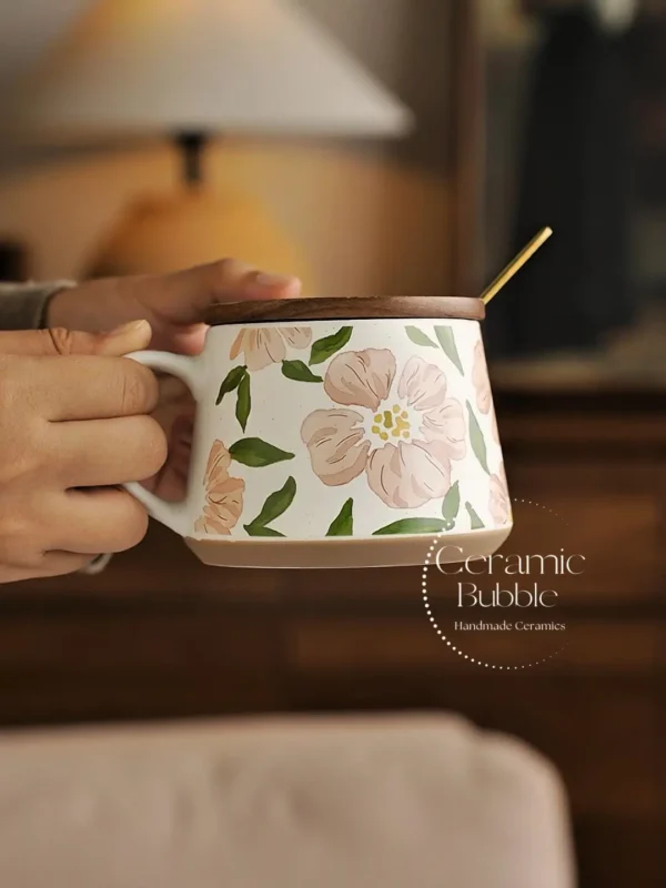 Handmade Pink Floral Painted Coffee Cup White Ceramic Mug Romantic Gift for Her