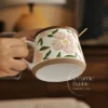 Handmade Pink Floral Painted Coffee Cup White Ceramic Mug Romantic Gift for Her