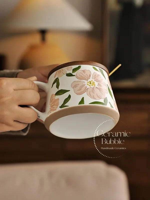 Handmade Pink Floral Painted Coffee Cup White Ceramic Mug Romantic Gift for Her