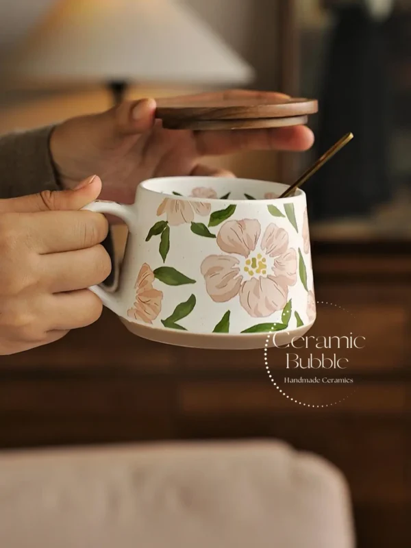 Handmade Pink Floral Painted Coffee Cup White Ceramic Mug Romantic Gift for Her