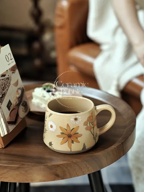Handmade Beige Ceramic Mug Daisy Painted Coffee Cup