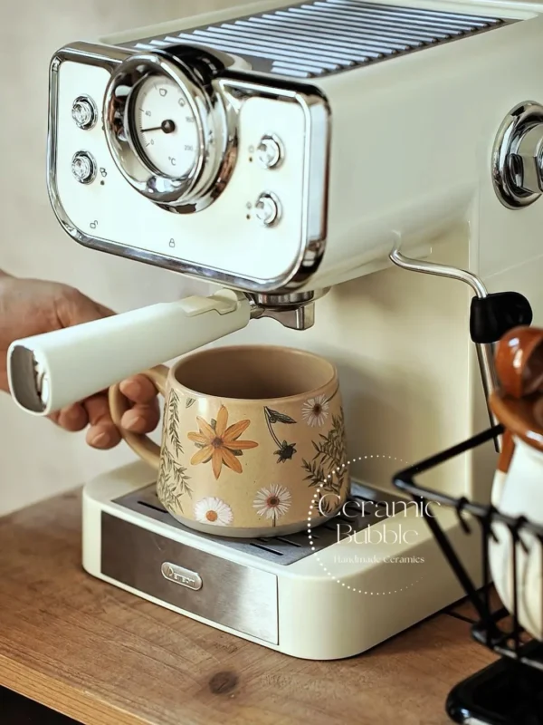 Handmade Beige Ceramic Mug Daisy Painted Coffee Cup