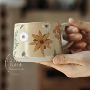 Handmade Beige Ceramic Mug Daisy Painted Coffee Cup