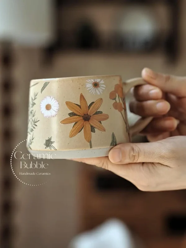 Handmade Beige Ceramic Mug Daisy Painted Coffee Cup