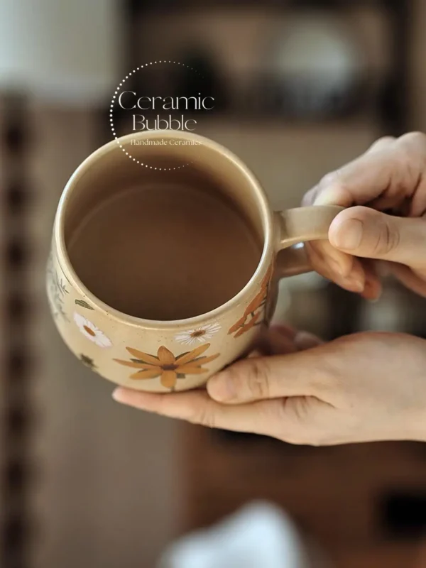 Handmade Beige Ceramic Mug Daisy Painted Coffee Cup