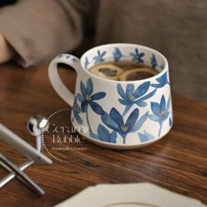 Handmade Blue Blossom Floral Painted Coffee Cup White Ceramic Mug