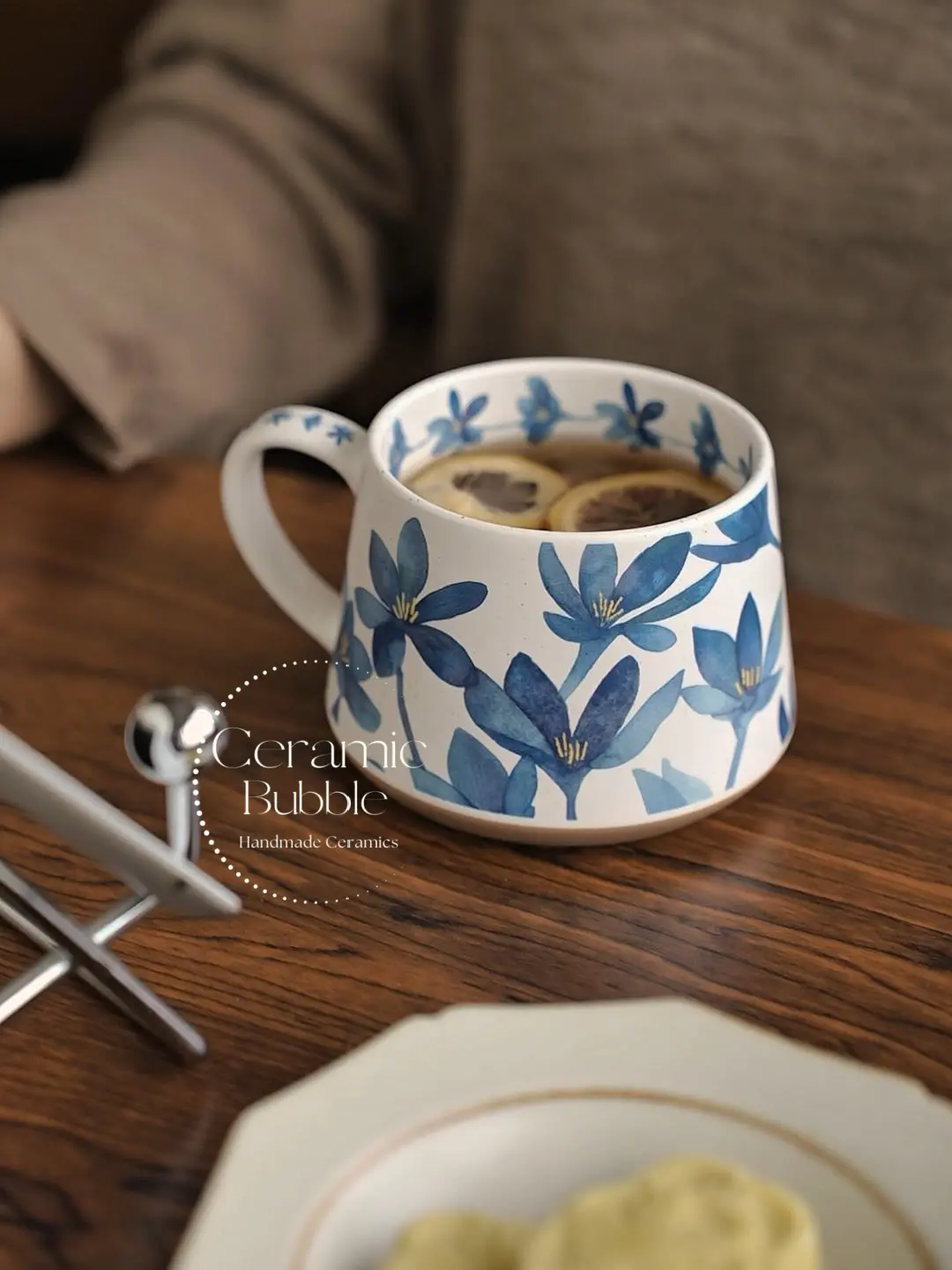 Handmade Blue Blossom Floral Painted Coffee Cup White Ceramic Mug