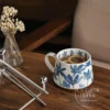 Handmade Blue Blossom Floral Painted Coffee Cup White Ceramic Mug