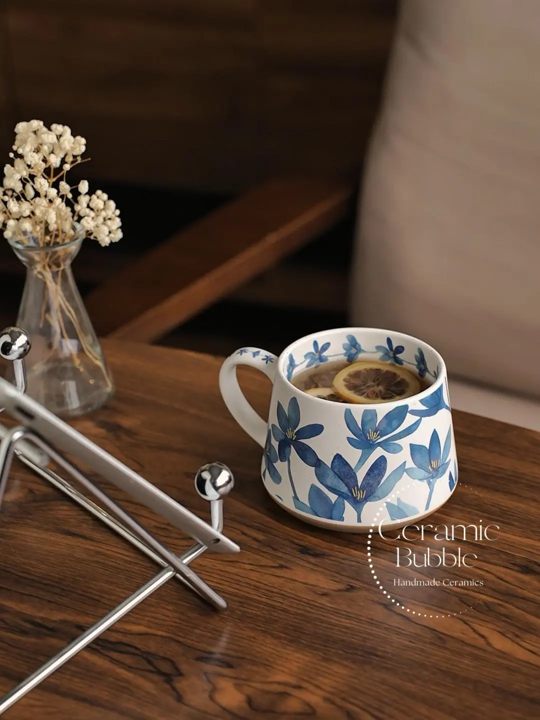 Handmade Blue Blossom Floral Painted Coffee Cup White Ceramic Mug