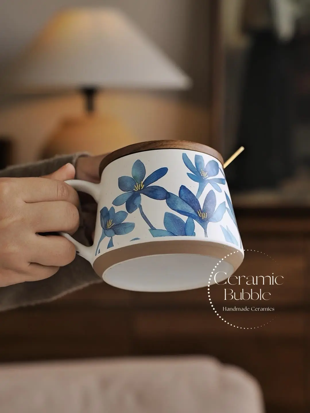 Handmade Blue Blossom Floral Painted Coffee Cup White Ceramic Mug