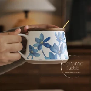 Handmade Blue Blossom Floral Painted Coffee Cup White Ceramic Mug