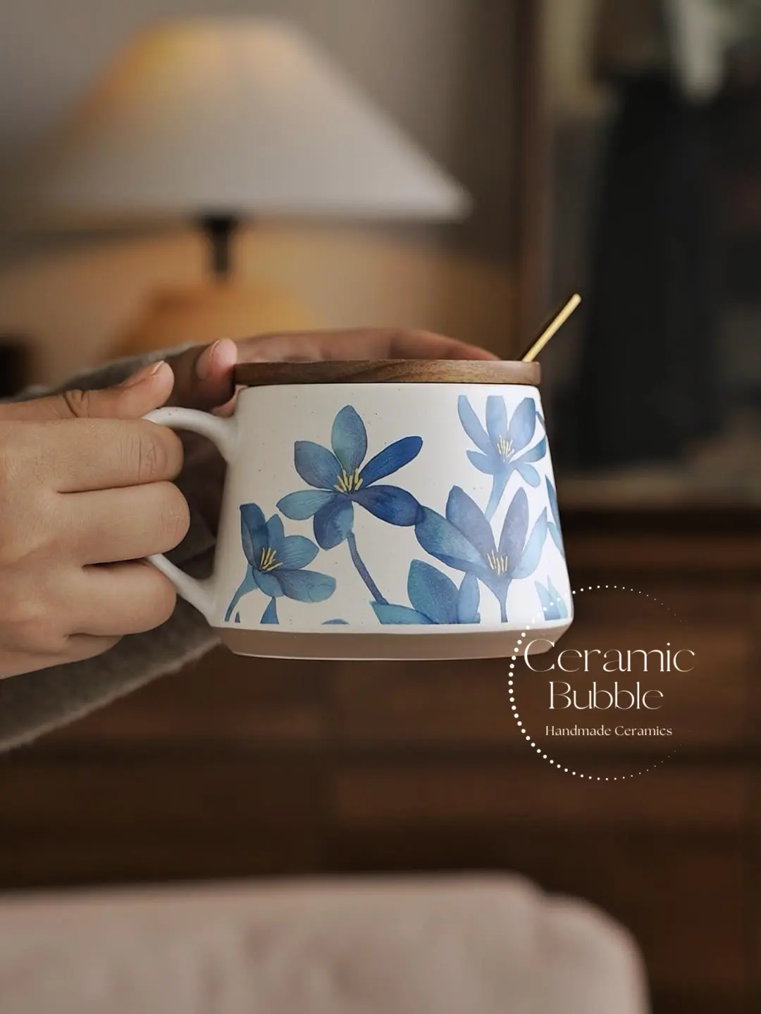 Handmade Blue Blossom Floral Painted Coffee Cup White Ceramic Mug