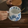 Handmade Blue Blossom Floral Painted Coffee Cup White Ceramic Mug
