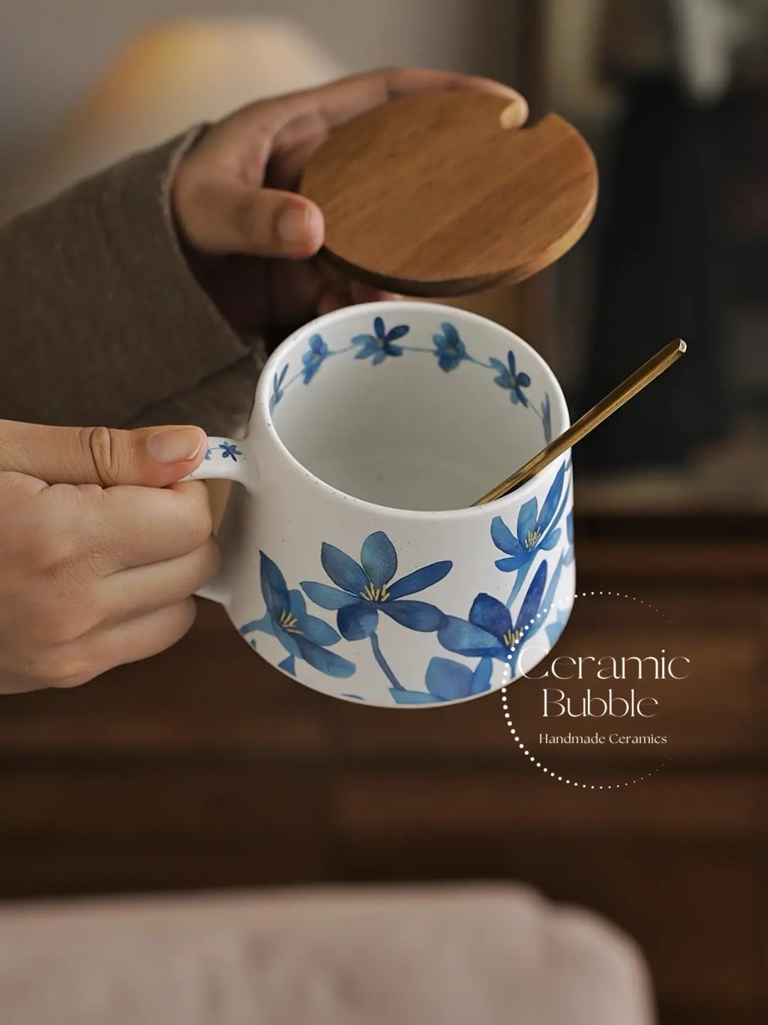 Handmade Blue Blossom Floral Painted Coffee Cup White Ceramic Mug