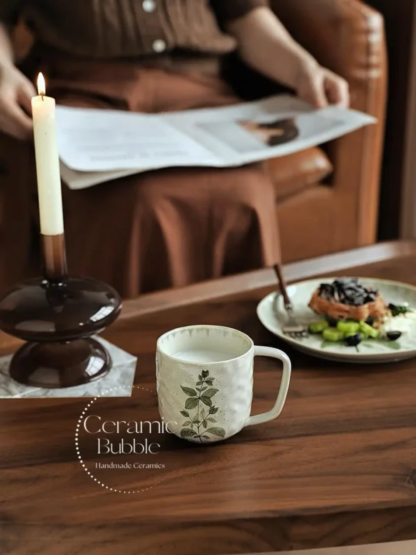 Handmade Green Botanical Inspired Ceramic Mug Boho Coffee Cup