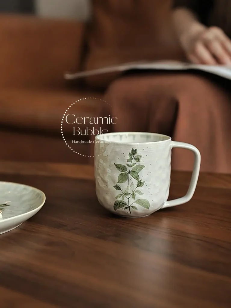 Handmade Green Botanical Inspired Ceramic Mug Boho Coffee Cup