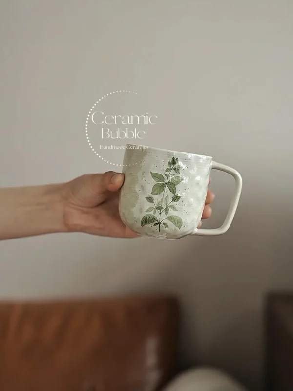 Handmade Green Botanical Inspired Ceramic Mug Boho Coffee Cup