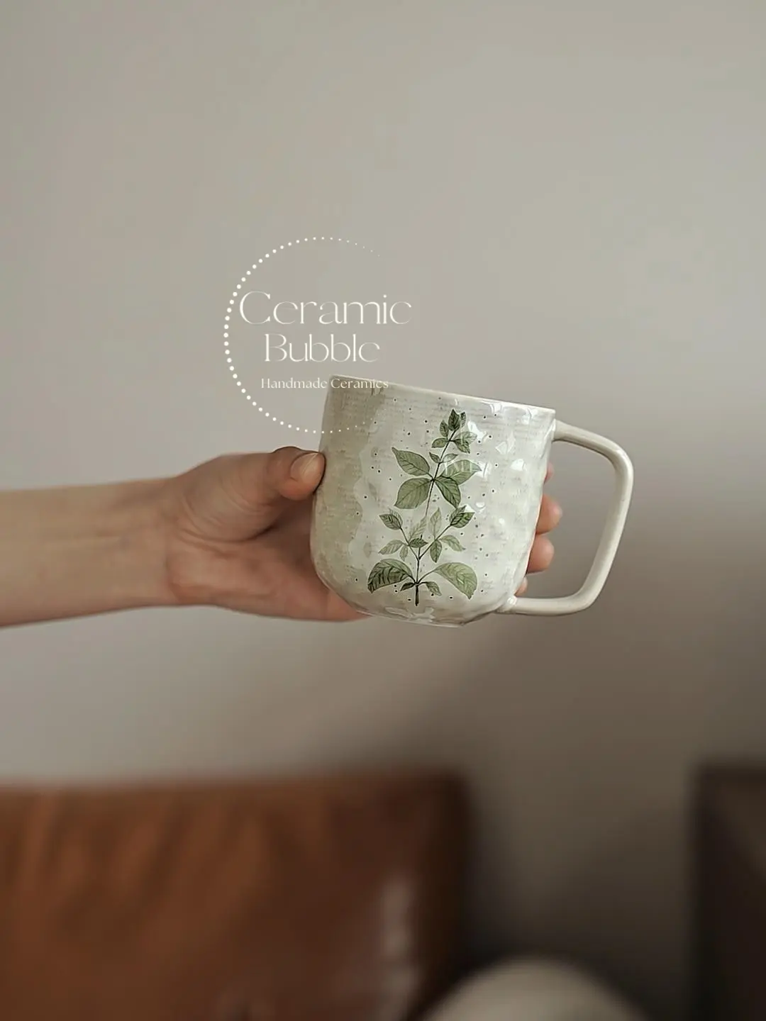 Handmade Green Botanical Inspired Ceramic Mug Boho Coffee Cup