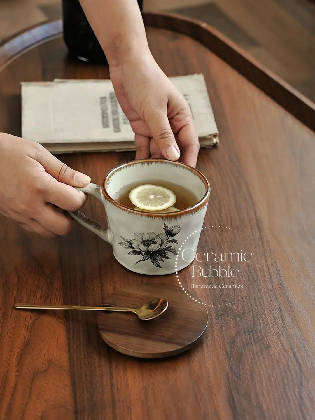 Handmade White Ceramic Mug Black Floral Sketch Minimalist Coffee Cup