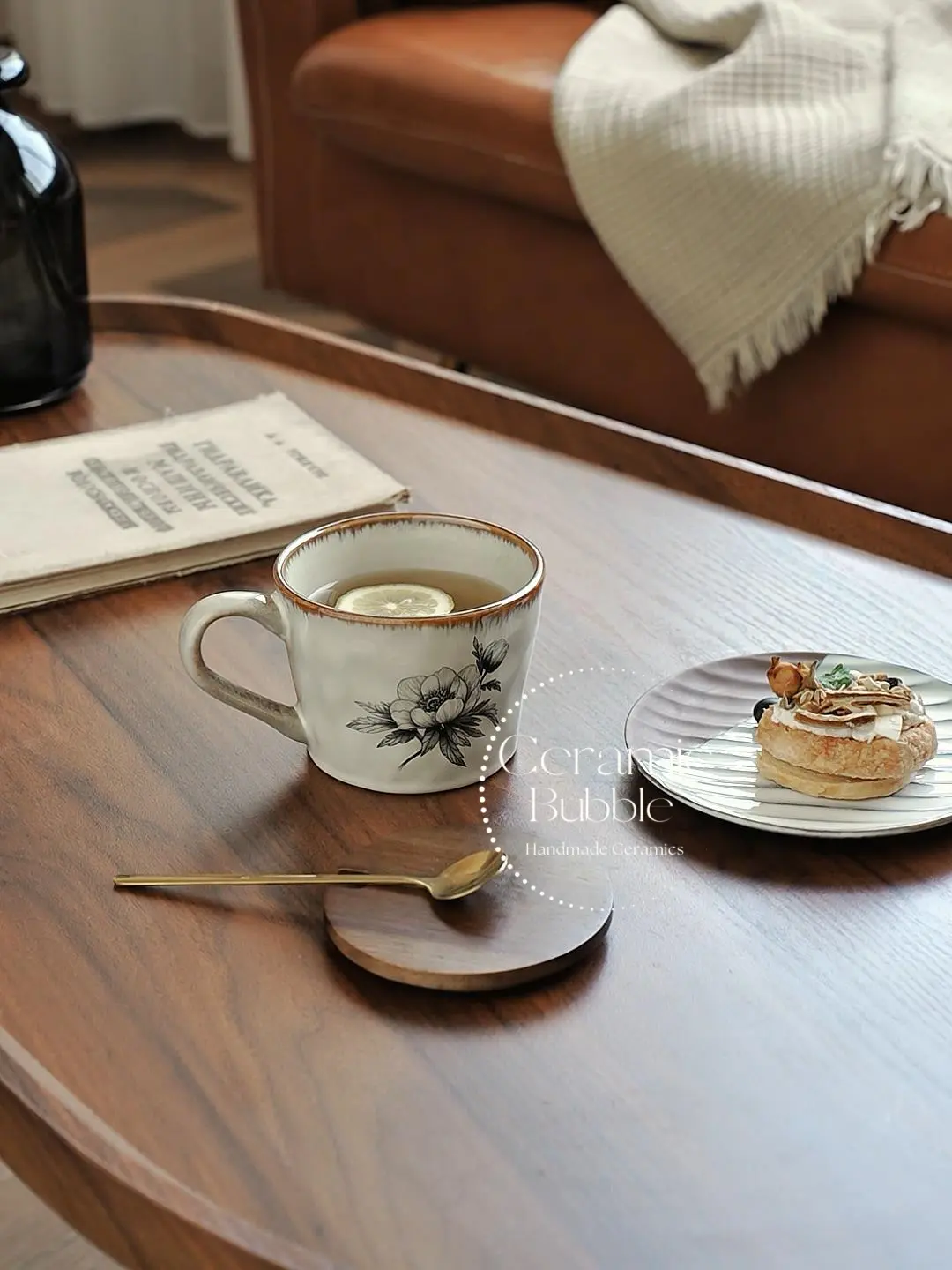 Handmade White Ceramic Mug Black Floral Sketch Minimalist Coffee Cup