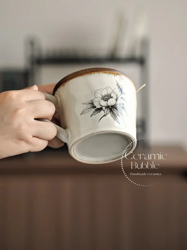 Handmade White Ceramic Mug Black Floral Sketch Minimalist Coffee Cup