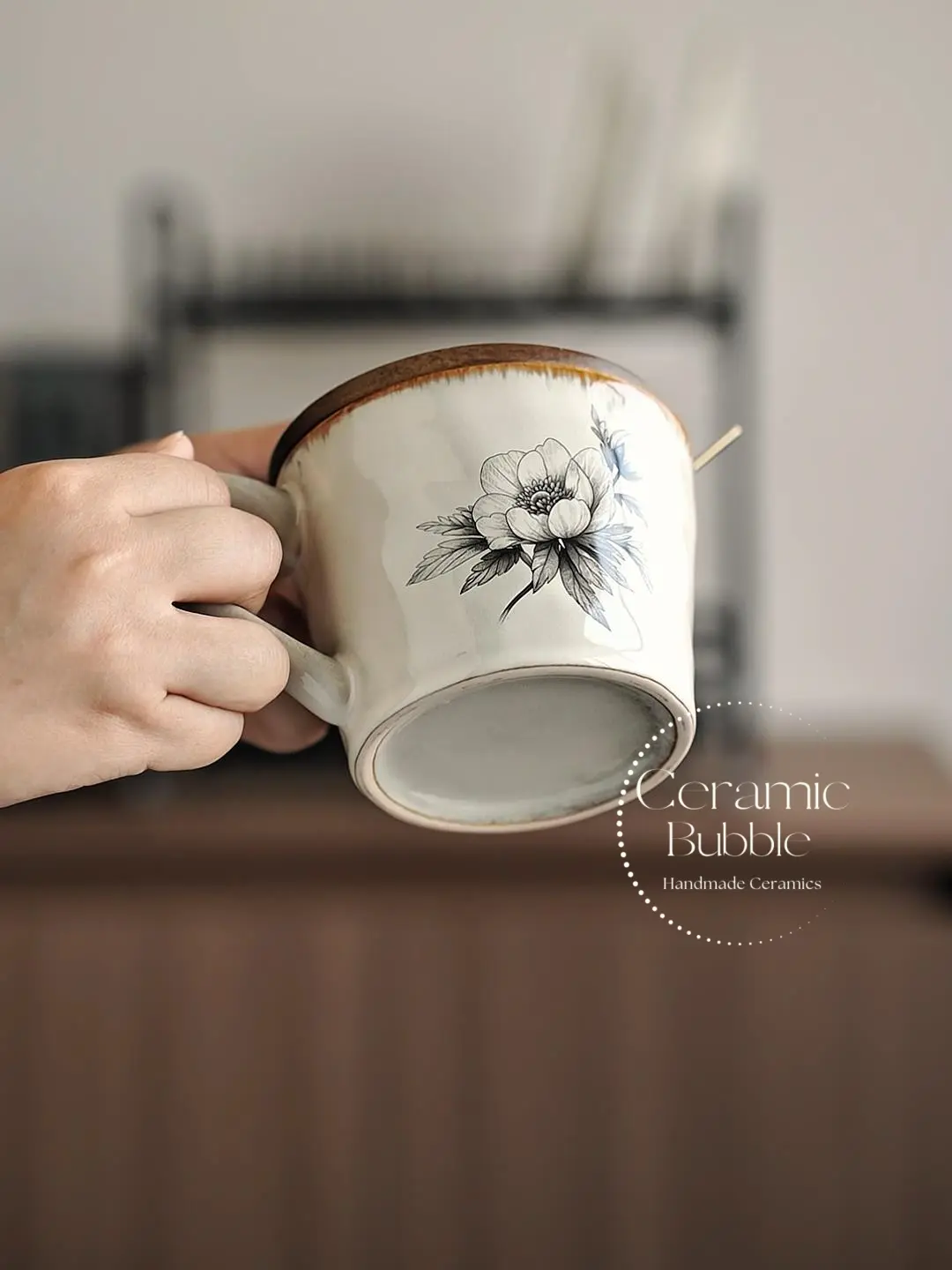 Handmade White Ceramic Mug Black Floral Sketch Minimalist Coffee Cup