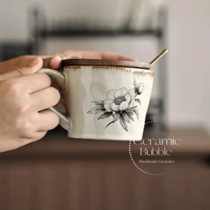 Handmade White Ceramic Mug Black Floral Sketch Minimalist Coffee Cup