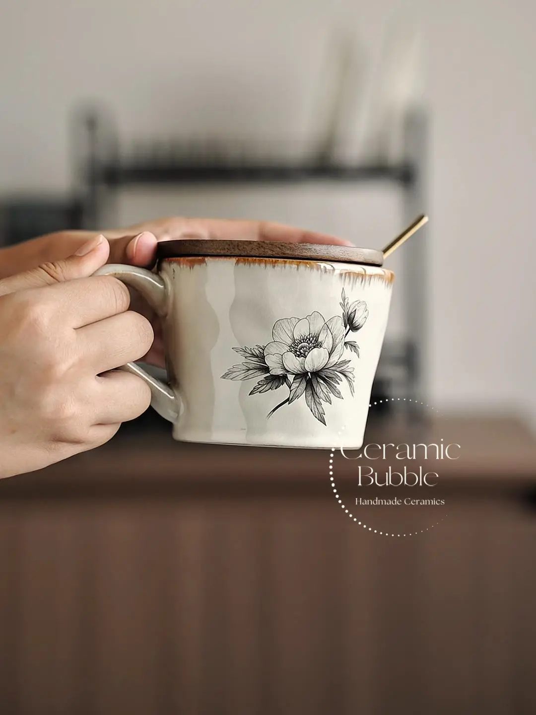 Handmade White Ceramic Mug Black Floral Sketch Minimalist Coffee Cup