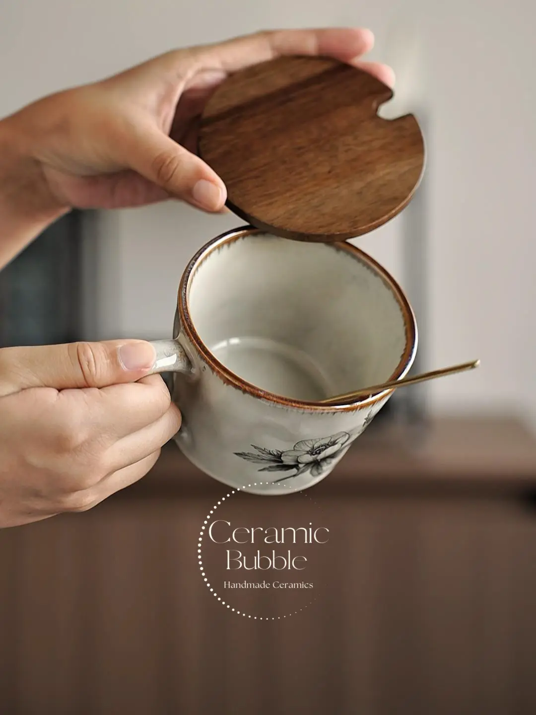 Handmade White Ceramic Mug Black Floral Sketch Minimalist Coffee Cup