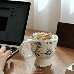 Handmade Green Botanical Inspired Ceramic Mug White Artistic Coffee Cup