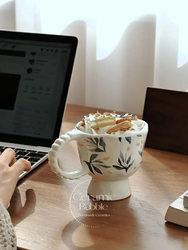 Handmade Green Botanical Inspired Ceramic Mug White Artistic Coffee Cup