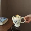 Handmade Green Botanical Inspired Ceramic Mug White Artistic Coffee Cup