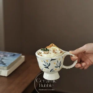 Handmade Green Botanical Inspired Ceramic Mug White Artistic Coffee Cup