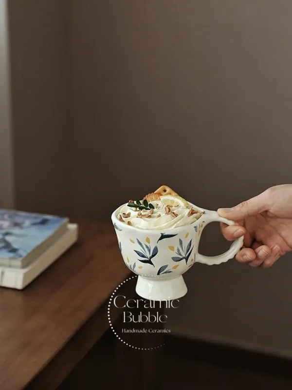 Handmade Green Botanical Inspired Ceramic Mug White Artistic Coffee Cup
