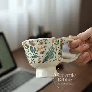 Handmade Floral Ceramic Coffee Mug Elegant Green Botanical Painted Cup