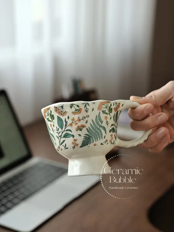 Handmade Floral Ceramic Coffee Mug Elegant Green Botanical Painted Cup