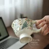 Handmade Floral Ceramic Coffee Mug Elegant Green Botanical Painted Cup