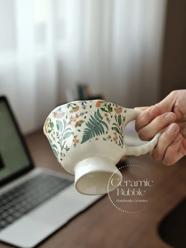 Handmade Floral Ceramic Coffee Mug Elegant Green Botanical Painted Cup
