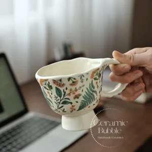 Handmade Floral Ceramic Coffee Mug Elegant Green Botanical Painted Cup