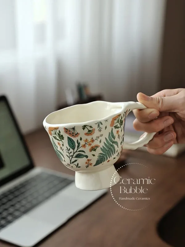 Handmade Floral Ceramic Coffee Mug Elegant Green Botanical Painted Cup