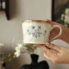 Handmade Beige Ceramic Mug Blue Wildflower Painted Coffee Cup